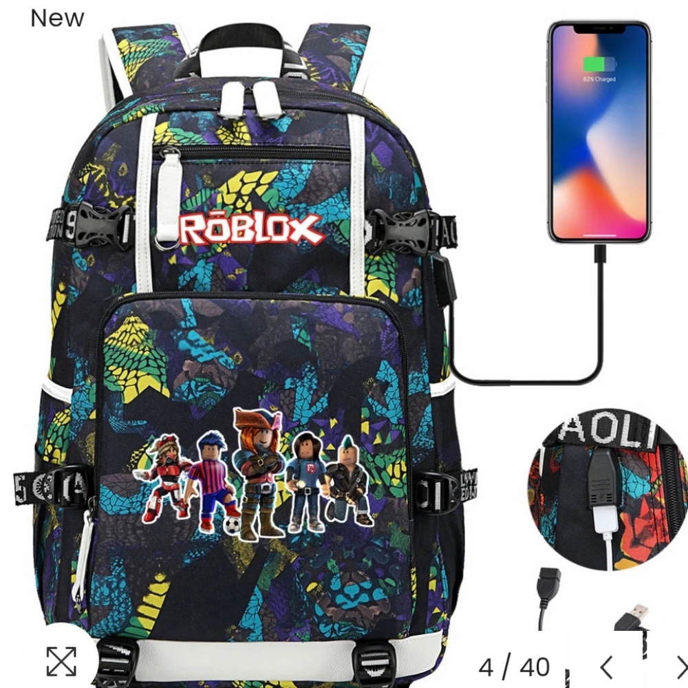 Roblox Kids Backpack with USB Charging Port - Black and Blue